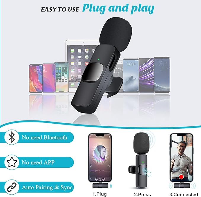 Wireless Microphone for iPhone iPad, Wireless Lavalier Microphone, Mini Mic Clip-on Microphones for Video Recording, Live Stream, Interview, Tiktok, Vlog, Podcast, YouTube, 2 Pack