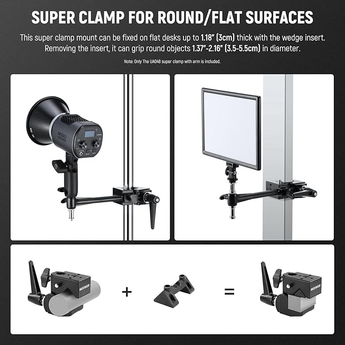 NEEWER Super Clamp with 6" Extension Arm, 5/8" Stud, 2.4" Jaw Grip Heavy Duty Crab Pole Clamp for Round Pipe Flat Surface,for Photography Studio Camera Lighting Mounting, Max Load 33lb/15kg
