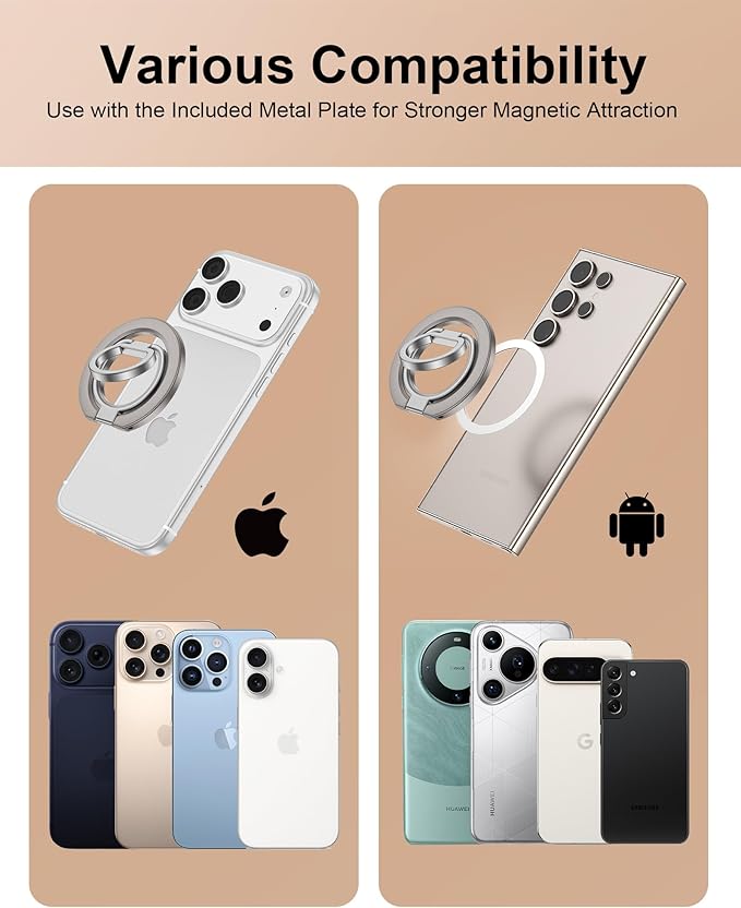 Magnetic Phone Ring Stand Grip for Back of Phone, Google Pixel 10 Pro Snap Magnetic Ring Stand, Dual-Sided MagSafe Finger Loop Handle Grip, iPhone 17 Pro Max Mag Safe Holder for Car Mount, Desk, Gym
