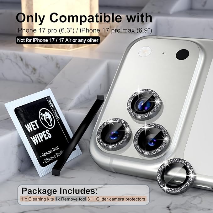Choiche Compatible for iPhone 17 Pro/iPhone 17 Pro Max Camera Lens Protector Bling, 9H Tempered Glass Camera Cover Screen Protector Metal Ring Decoration Accessories (Glitter-Black)