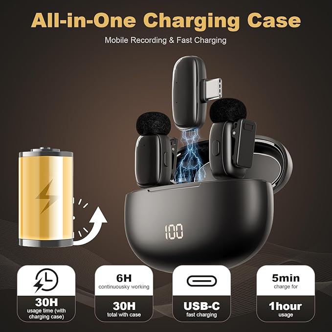 Wireless Lavalier Mini Microphone for iPhone ipad Android, 30H Long Battery Life, 100FT Wireless Range, Noise Cancellation, Plug & Play for Vlogging, Video Recording, Podcast, YouTube, TikTok
