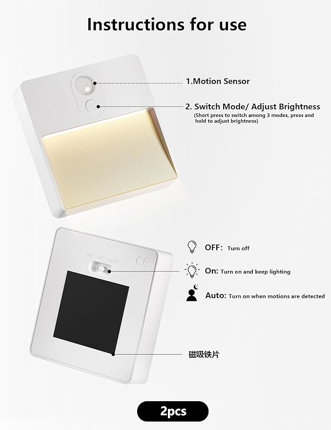 Motion Sensor Night Light Indoor, Rechargeable Battery Operated Lights with RGB Lights, Magnetic Stick On Light for Closet Toilet Bathroom Under Cabinet Hallway Stair Bedroom Kitchen, 2 Packs