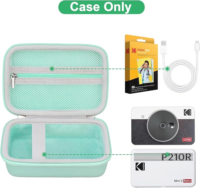 Canboc Case for KODAK Mini 2 Retro 4PASS Portable Photo Printer/KODAK Mini Shot 2 Retro Instant Digital Camera, Mesh Bag fits Photo Paper and Cable, Mint Green