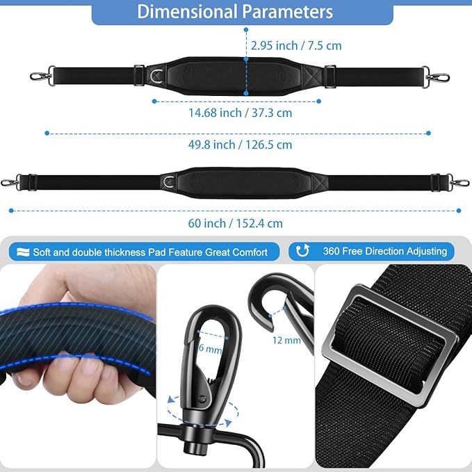 ZINZ Fixed Pad Bag Strap 60 inch Belt with Cushion Breathable Pad,Durable Strap with Double Adjustable Buckle and Metal Hooks