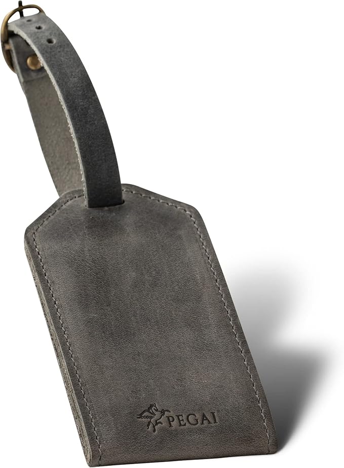 PEGAI 100% Soft Touch Rustic Leather Luggage ID Tag, Secure With Snap Closure and Easy Attachment to Suitcase, Backpack, Handbag, Handmade Travel Accessories Luggage Tags (Rock Grey)