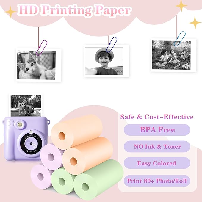 6 Rolls Kids Camera Instant Print Refill Paper Set, Phetium HD Printing Thermal Paper for Most Kids Instant Camera Photo Print(2*Purple,2*Green,2*Orange)