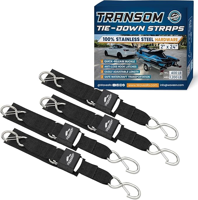 WavesRx Premium Boat & Jet Ski Trailer Transom Straps - Marine Tie Downs - Adjustable via Quick Release Buckle - Must Have Boating Accessories for Safe and Secure Transportation of Your Watercraft