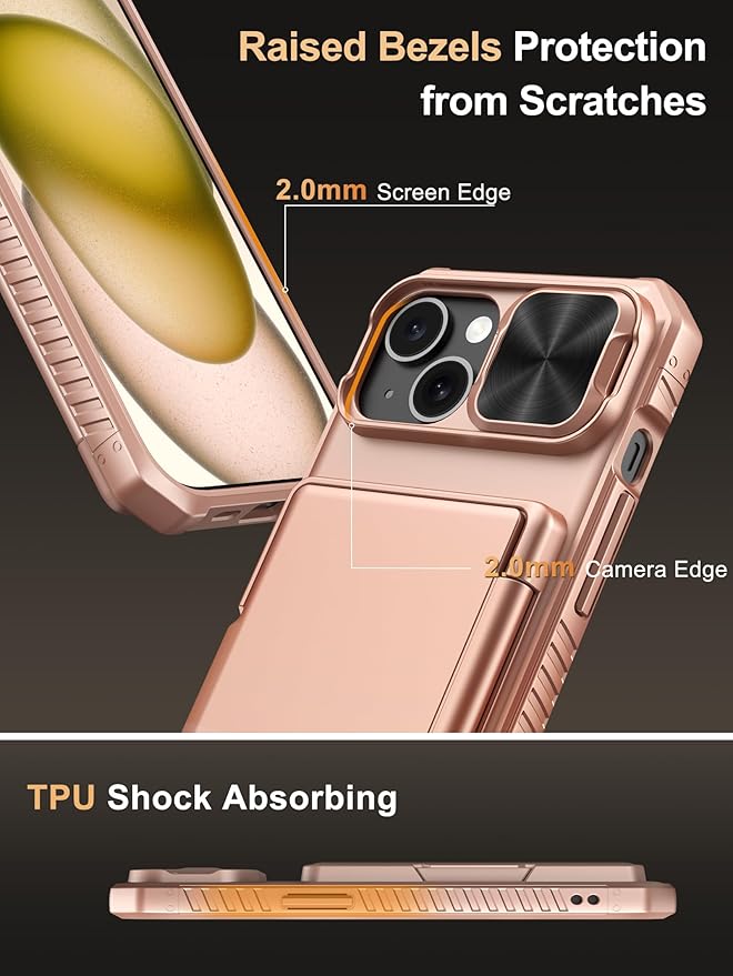 Vihibii for iPhone 15/14/13 Case with Card Holder (4 Cards), [RFID Blocking] & Slide Lens Camera Cover, Military Grade Drop Protection, Rugged Heavy Duty Wallet Case, Rose Gold
