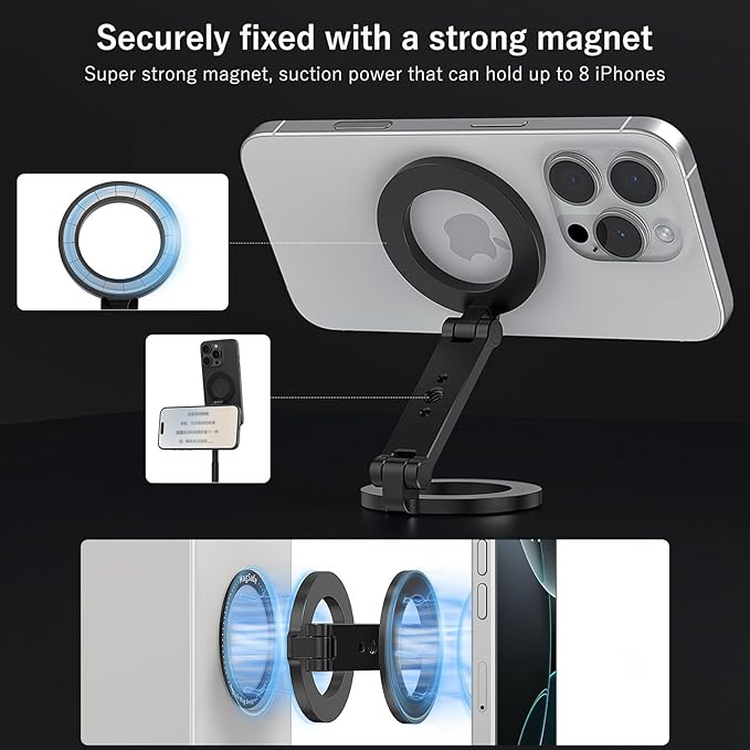 VRIG MG-26 Dual Magnetic Phone Tripod Mount with 1/4" Screw Hole Compatiable with Mag Safe for iPhone 16 15 14 13 12 All Series, Foldable Portable Magnetic Phone Stand for Travel, Car, and Gym