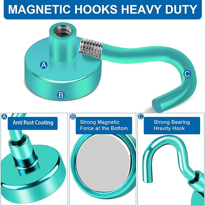 LOVIMAG Cruise Magnetic Hooks, 85Lb Magnet Hooks for Cruise Cabin, Green Magnetic Hooks for Hanging, Refrigerator, Ceiling, Strong Neodymium Magnets with Hooks for Kitchen, Locker, Key Holder-4 Pcs