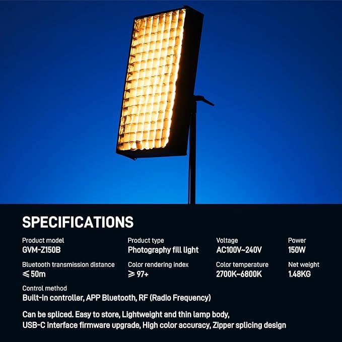 GVM ZipTile Z150B Bi-Color Flexible LED Video Light 2700K~6800K, 15500 lux/m 150W Output Panel Light, 12 Lighting FX with Honeycomb Grid Soft Box, Support App Control for Studio Photography Lighting