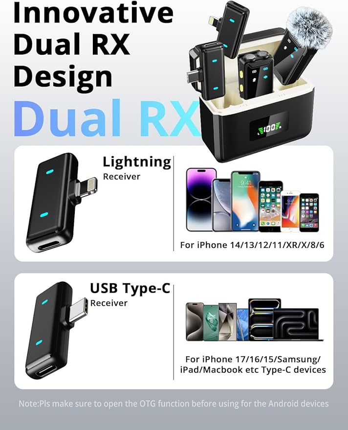 Mini Microphone for iPhone/Android(2TX+2RX+Charging Case)with AI Noise Cancelling, Wireless Lavalier Mic with 48kHz/24-bit High Fidelity,48H,164FT for Vlogging/Video Recording/Content Creators/TikTok