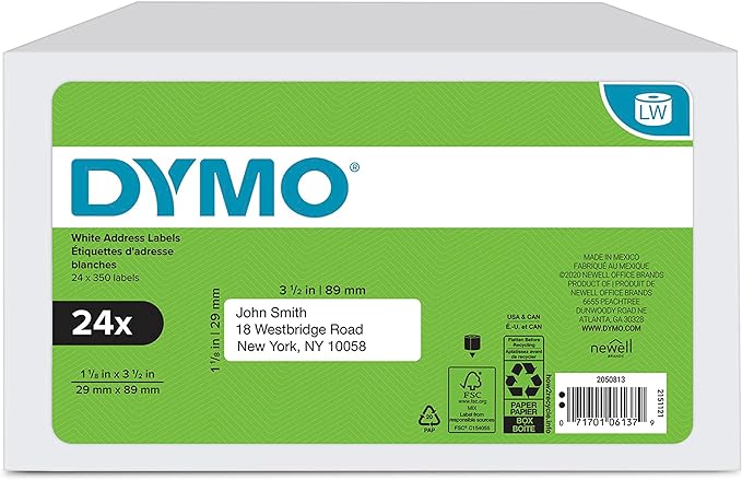 DYMO Authentic LW Mailing Address Labels DYMO Labels for LabelWriter Label Printers White 1-1/8" x 3-1/2" 24 Rolls of 350 (8400 Total)