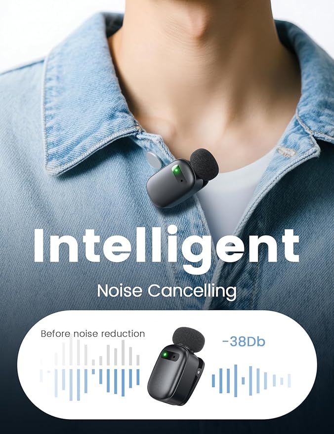 Wireless Mini Lavalier Microphone for iPhone & Android, Dual Clip-On Mics with 30H Charging Case, Intelligent Noise Cancellation, Tiny Portable Mic for Vlogging, TikTok, Live Stream, Teaching Meetings
