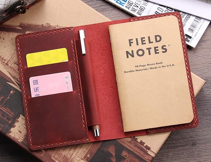 Leather Notebook Cover for Field Notes, Handmade Journal Cover for Moleskine Cahier Journal, Leather Cover with Pen Holder fits 3.5" x 5.5" Pocket Notebook - Wine