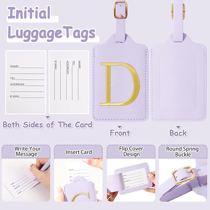 Initial Letter Luggage Tags for Suitcases, Embroidered Monogrammed Suitcase Luggage Identifier Name Tag, PU Leather TSA Approved Luggage Tags, Bag Tags for Men Women Kids Luggage Handbags(Purple D)