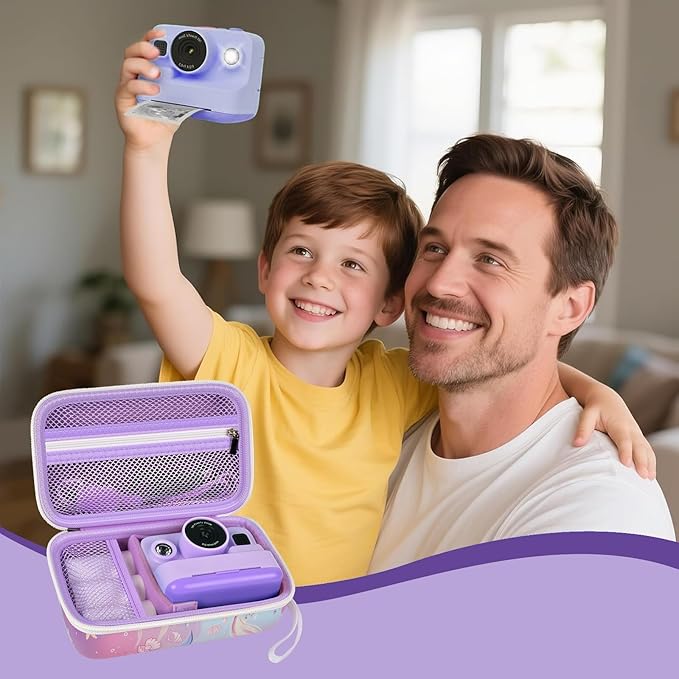 Case Compatible with DYLANTO for ESOXOFFORE for ETIKEZ for YTETCN for DUDUDRAGON Instant Print Camera, Kids Camera Storage for Accessories (Box Only) (Case and 3 Paper Rolls, Purple-fish)