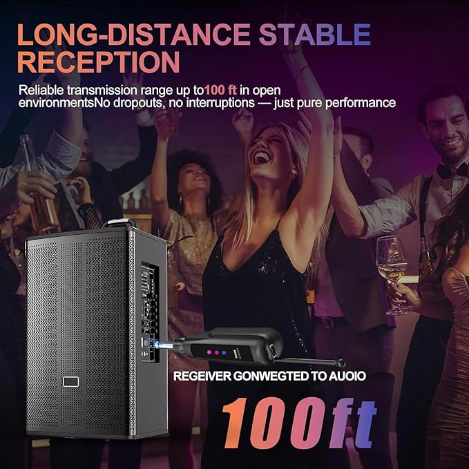 Aveek Wireless Microphone System, 2 Rechargeable Mics and Receiver, Plug & Play for Karaoke Machine, Party Speakers, Home Entertainment, Wedding & Events - Crystal Clear Sound, 100ft Range