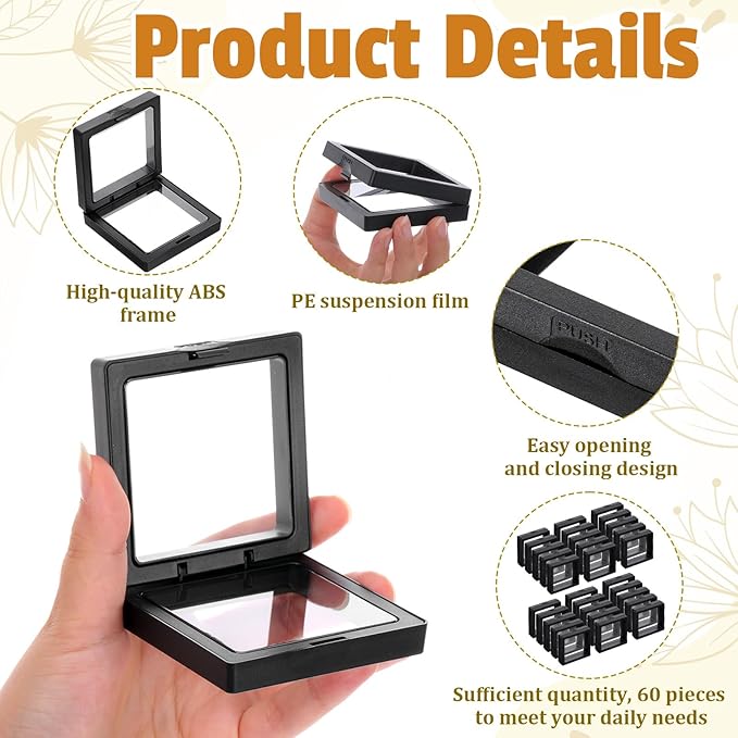 60 Pcs 3D Floating Display Case, Coin Display Case Black, 2.8 x 2.8 x 0.8 Inch Coin Frame Display-Holder Stands 3D Floating Jewelry Frame for Jewelry Shells Specimen Pins