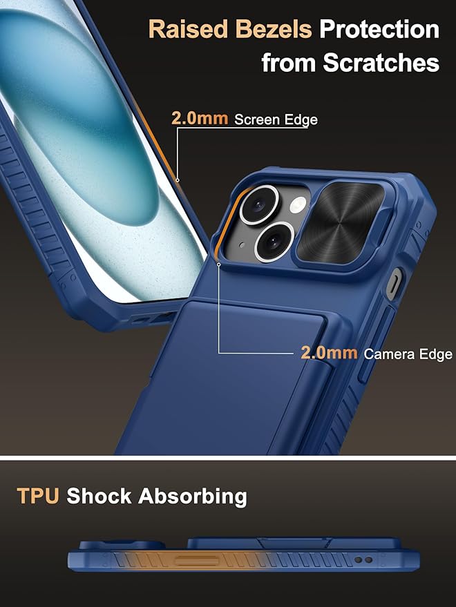 Vihibii for iPhone 15, iPhone 14, and iPhone 13 Wallet Case with Card Holder (4 Cards), [RFID Blocking] & Slide Lens Camera Cover & Raised Edges Protect Screen, Shockproof Wallet Phone Case, Blue
