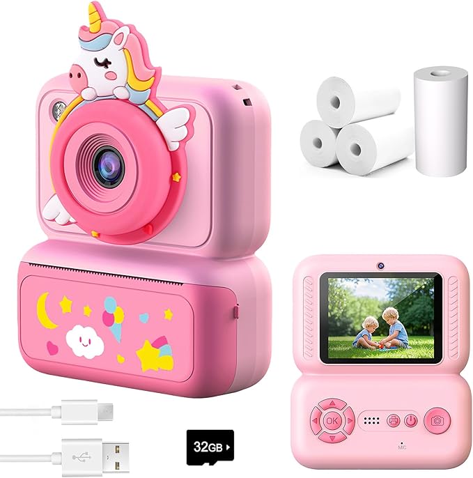 Kids Camera Instant Print, Instant Camera with 4 Roller Photo Paper & 32GB Card, 1080P Dual-Lens Digital Camera for Kids, Boys and Girls Toys Gifts for Teenage Girls Kids Toys for Ages 8-13 (Pink)