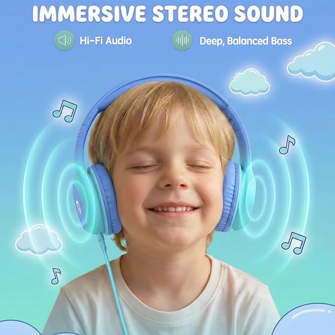 Wired Kids Headphones with USB C Plug, 85dB Safe Volume, Adjustable Headband, Tangle-Free Cord Headphones for School, Tablet, Travel (Sky Blue & Mint Green, Without Microphone)