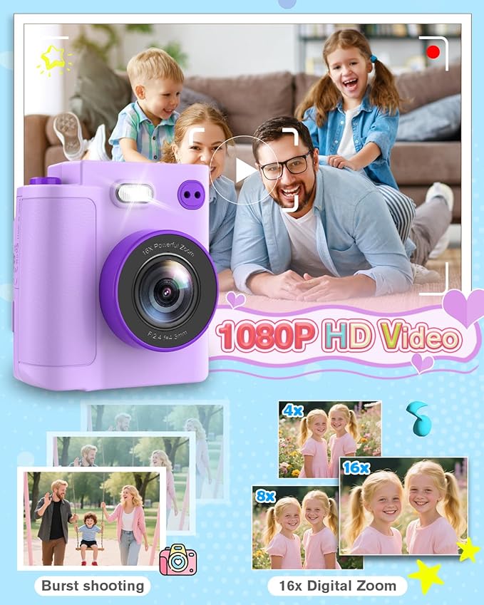 Kids Instant Print Camera - 1080P HD Toddler Digital Camera for 3 4 5 6 7 8 9 10 Year Old Girls Boys, Christmas Birthday Gift with 32GB SD Card, Selfie Mode, Portable Travel Toy, Fun Filters- Purple