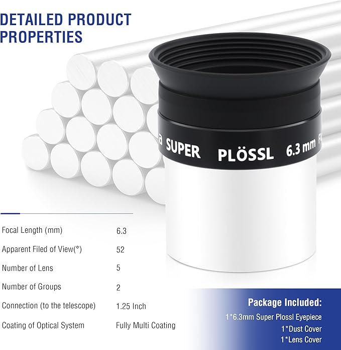 Astromania 1.25 Inch Eyepiece for Telescope 6.3mm, Telescope Accessories Super Plossl Eyepiece 52 Degree Field of View with Fully Multi-Coated 5 Element & Filter Thread for Astronomical Telescopes