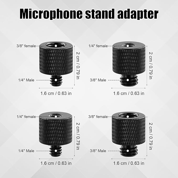 4pcs Mic Stand Adapter, 4 Types Mic Screw 1/4 Male to 3/8 Female Adapter Camera Mic Mount Adapter Microphone Stand Adapter Tripod Screw Adapter Accessories for Microphone Stand, black, 19010
