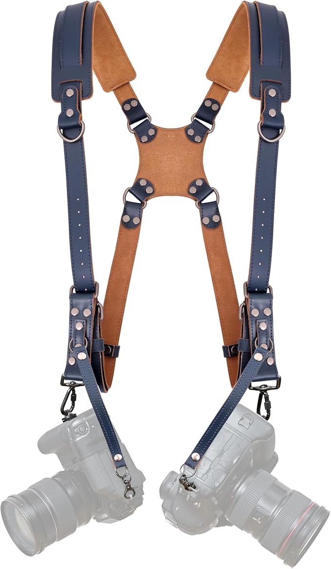 Padwa Lifestyle Blue Dual Camera Harness for Two Cameras - Wide Strap with Thick Shoulder Padded,Full Grain Leather Double Harness,Multi Camera Gear for DSLR Strap for Photographers