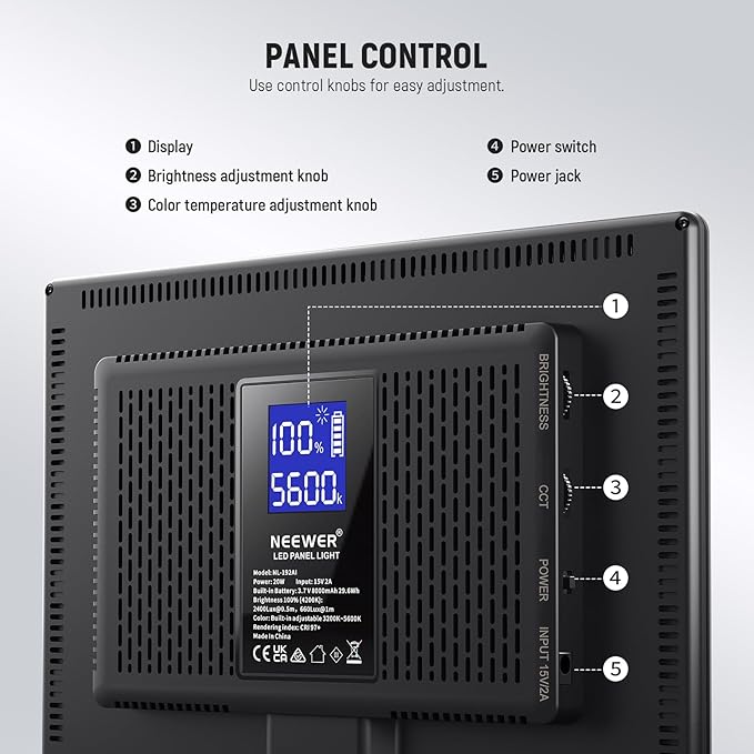 NEEWER 192 LED Video Light Panel, 20W Ultra Thin Bi Color Dimmable DSLR Camera Soft Light, 4000mAh Lithium Battery, 3200K-5600K CRI97+, Key Lighting for Studio Photography Recording Streaming