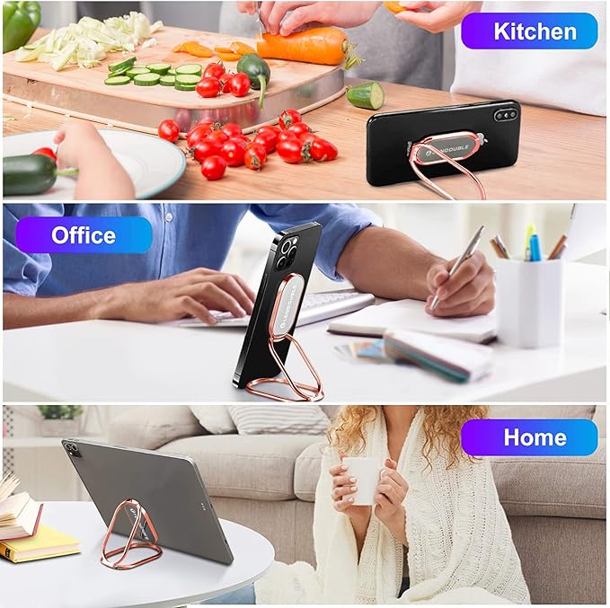 Adjustable Cell Phone Stand for Desk, Portable Phone Ring Holder Finger Kickstand Foldable Desktop Hand Grip, 360° Rotatable Loop Handle for Magnetic Car Mount & iPhone iPad Tablet Case Back-Rose Gold