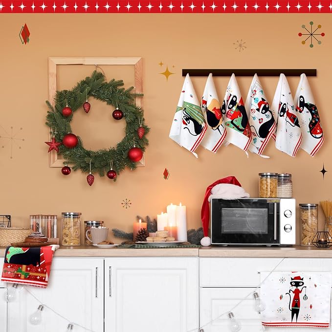 Preboun 6 Pcs Christmas Kitchen Towels Mid Century Hand Towels Atomic Cat Xmas Dish Cloth Red Green Christmas Tree Gift Box Decorative Farmhouse Tea Cloth Absorbent for Holiday Kitchen Bathroom Decor