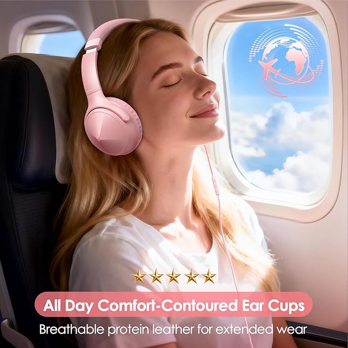 USB C Over Ear Headphones Wired, USB C Wired Headphones with Microphone, Volume Control, HD Stereo Sound, Foldable & Lightweight USB Type C Headphone,Pink