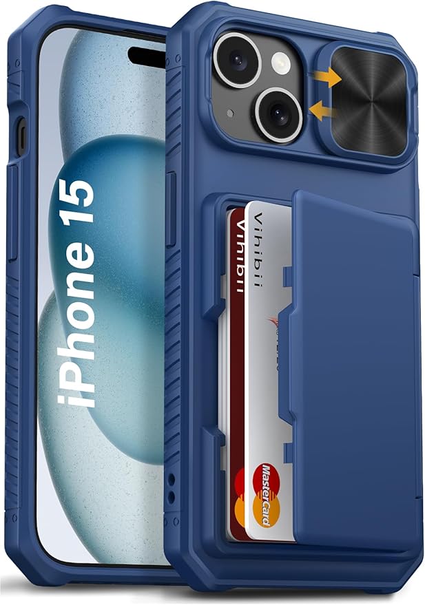 Vihibii for iPhone 15, iPhone 14, and iPhone 13 Wallet Case with Card Holder (4 Cards), [RFID Blocking] & Slide Lens Camera Cover & Raised Edges Protect Screen, Shockproof Wallet Phone Case, Blue