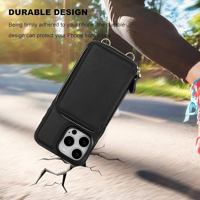 Bocasal RFID Blocking Wallet Case for iPhone 15 Pro Max, Adjustable Crossbody Zipper Purse with Kickstand and Detachable Wrist Strap, PU Leather Flip Folio Case 6.7 Inch 5G (Black)
