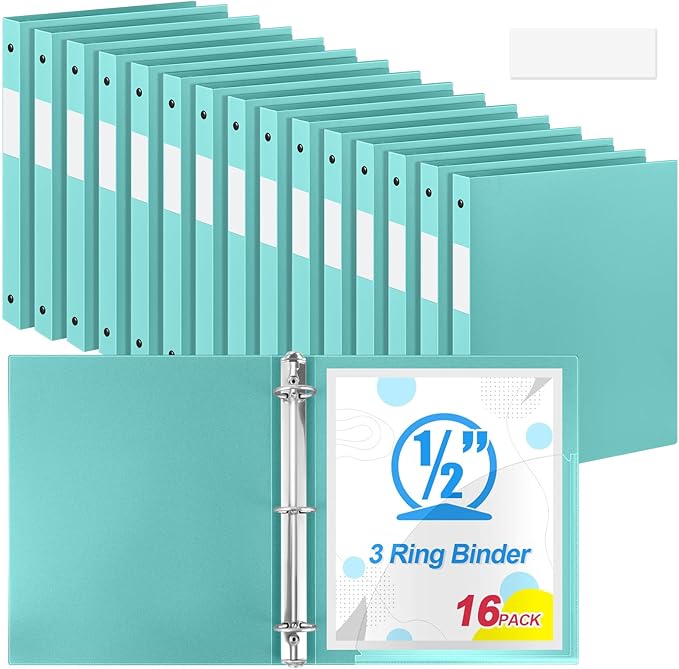 Henoyso 16 Pcs 3 Ring Binder 1/2'' Round Fits Letter Size 8.5'' x 11'' Paper Plastic Flexible Binder Holds 140 Sheets with 1 Pockets Versatile Organizer for Home Office School (Mint Green)