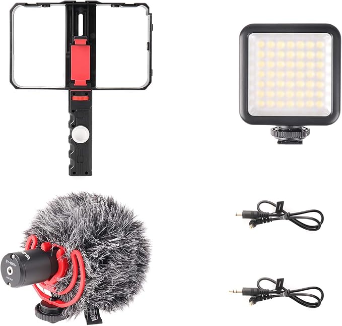 FocusFoto Smartphone Video Rig Camera Cage Mount Holder Stabilizer (Removable Handle Grip Version) with by-MM1 Microphone Mic + 49 LED Light Kit for Mobile Phone iPhone Filmmaking Videomaker