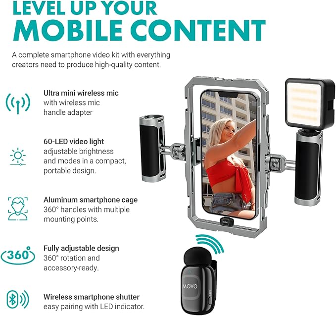 Movo iFilmer-PRO Smartphone Video Rig Kit – Stabilizer Cage with Dual Grips, Wireless Lavalier Microphones & Tripod for iPhone/Android