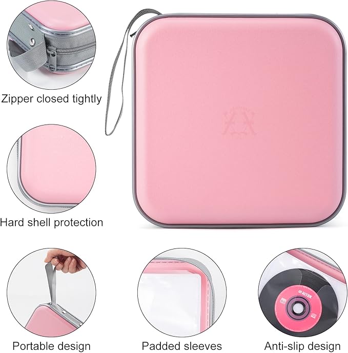 alavisxf xx CD Case, 48 Capacity Hard Plastic DVD Case Portable Zipper CD Holder Large Storage Disc Wallet Bag for Car Home Travel (Light Pink, 48 Capacity)