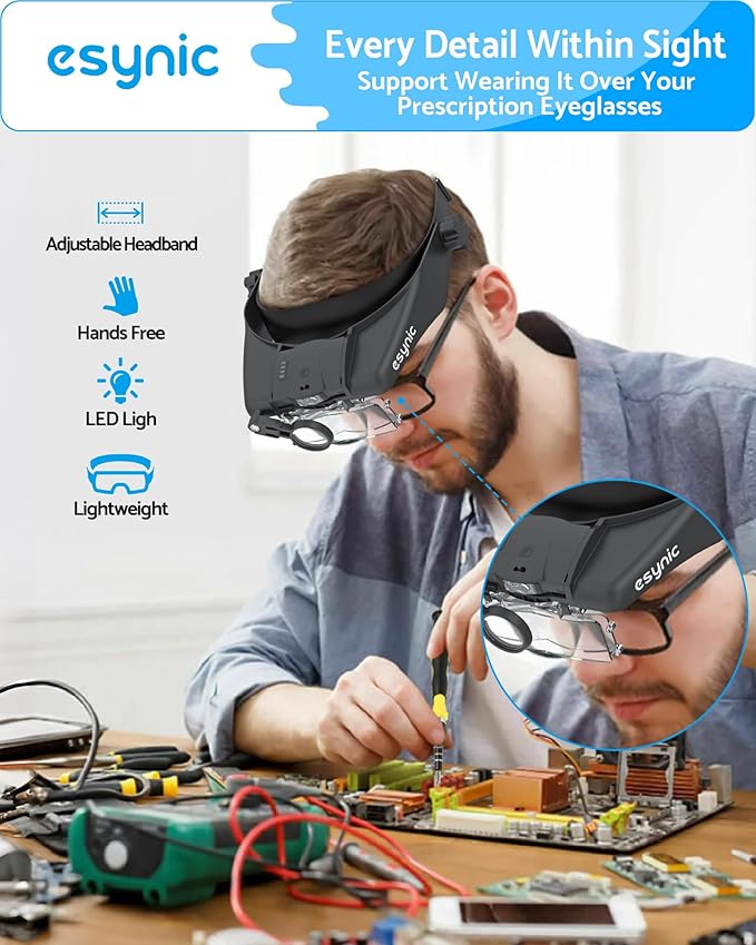 eSynic Head Magnifier 1.5X-14.5X with 5 Acrylic Lenses &2 LED Lights Wide Field of View Comfortable Headband Magnifying Glasses with Rechargeable Battery Alert for Reading Crafts Jewelry Repair