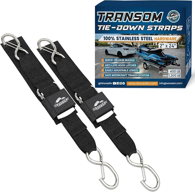 WavesRx Premium Boat & Jet Ski Trailer Transom Straps - Marine Tie Downs - Adjustable via Quick Release Buckle - Must Have Boating Accessories for Safe and Secure Transportation of Your Watercraft