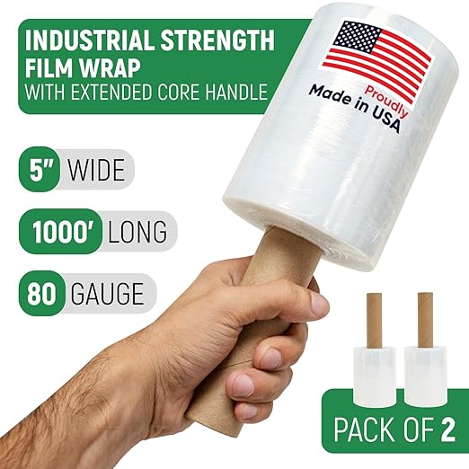 Paclord 5" x 1000' Industrial Strength Mini Stretch Wrap Rolls with Extended Core Handles, Ready to Use Pack of 2 Clear Stretch Film Rolls, 80 Gauge, 500% Elongation - Shrink Wrap for Moving, Packing