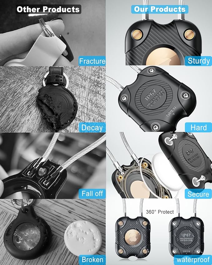 2 Pack Airtag Holder with Wire Cable, Secure Lock Airtag Keychain,IPX7 Waterproof,360°Hard Protective Air Tag Case Holder for Apple Air tag for Key Chain,Key Ring,Car,Luggage