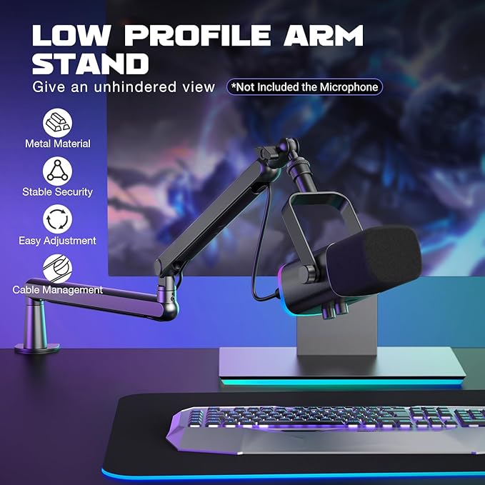 FIFINE Microphone Boom Arm, Low Profile Adjustable Stick Microphone Arm Stand with Desk Mount Clamp, Screw Adapter, Cable Management, for Podcast Streaming Gaming Studio-BM88