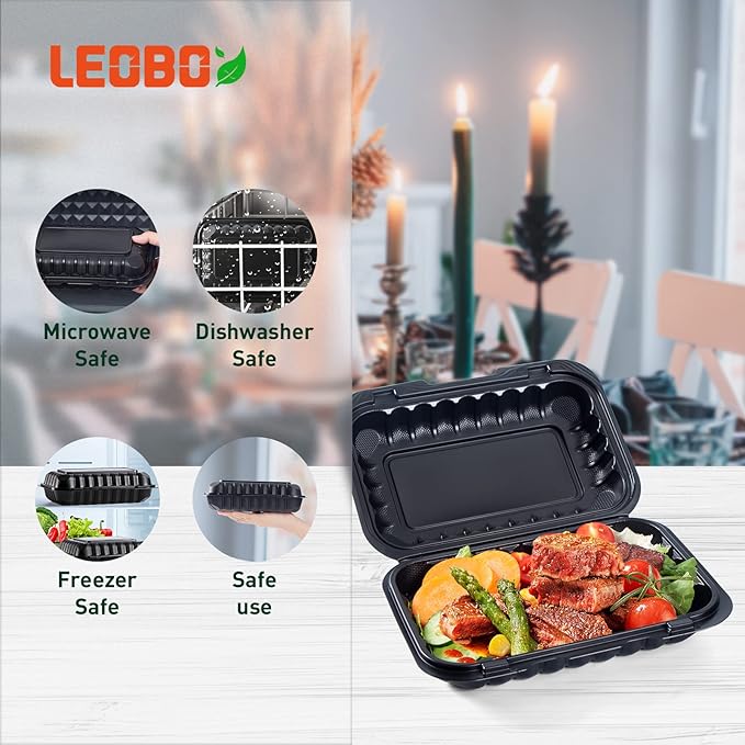 LEOBOX To Go Containers, BPA-Free Plastic Take Out Boxes with Lids 50-Pack 27oz Black MFPP Reusable Meal Prep Container for Food Storage, Hinged Clamshell Design for To-Go Lunch Salad Breakfast