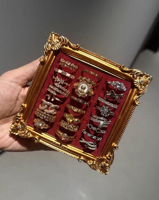 2PCS Jewelry Display Stand Vintage Ring Holder Box Earring Tray Retro Picture Frame Style Ring OrganizerJewelry Frame with Velvet