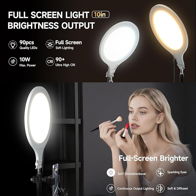 Ring Light Tripod for iPhone, 10" Selfie Ring Light with Tripod Stand and Phone Holder, Professional LED Circle Lighting for Video Recording, Conferencing, Makeup, Streaming, Tiktok, YouTube