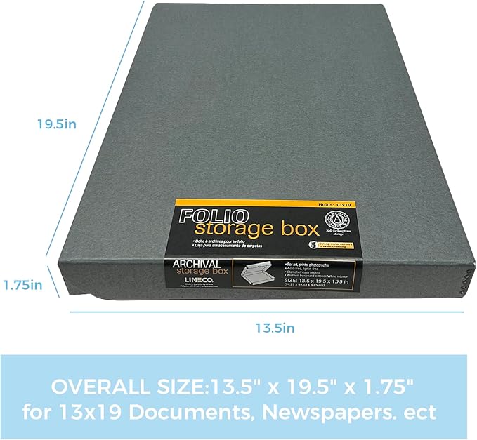 Lineco Folio Storage Box, Clamshell Design with Metal Edge. 13.5x19.5x1.75 Inches, Archival Boxboard, Preserve Photos, Cards, Magazines, Documents, Art, Ephemera, Family Records, Gray, Pack of 2