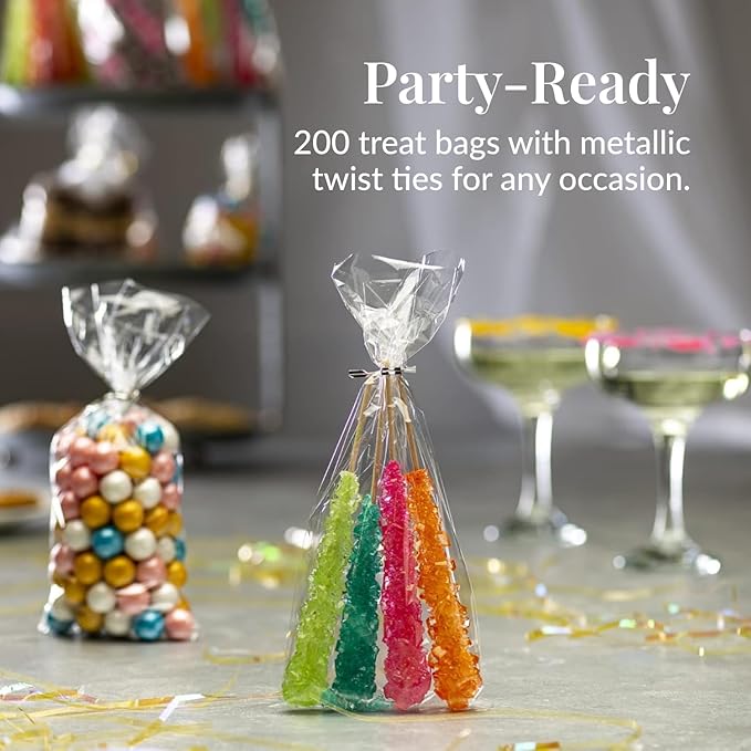 Prestee 200 Pack Clear Cellophane Bags - 4x9 with 4" Twist Ties, Candy & Cookie Gift Bags (Pack of 200)